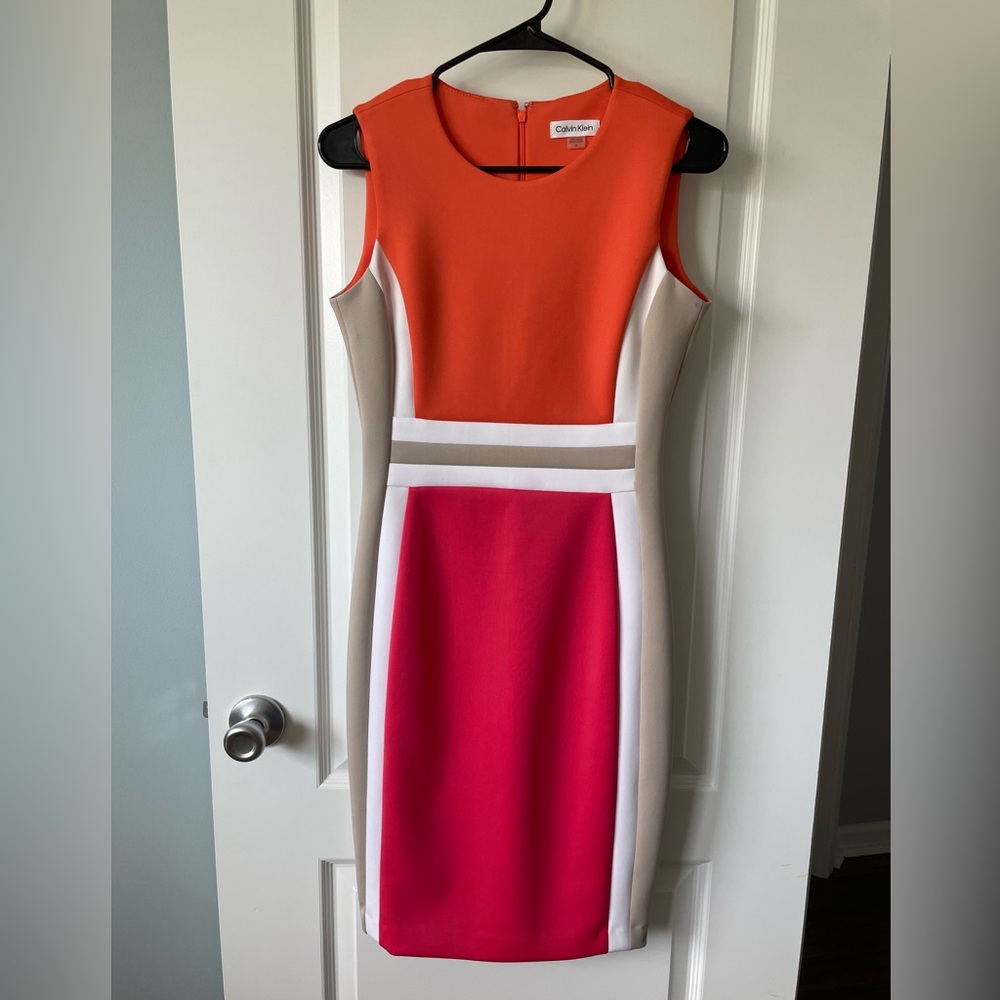 Calvin Klein Colorblock Mini Dress in Orange, Pink and White